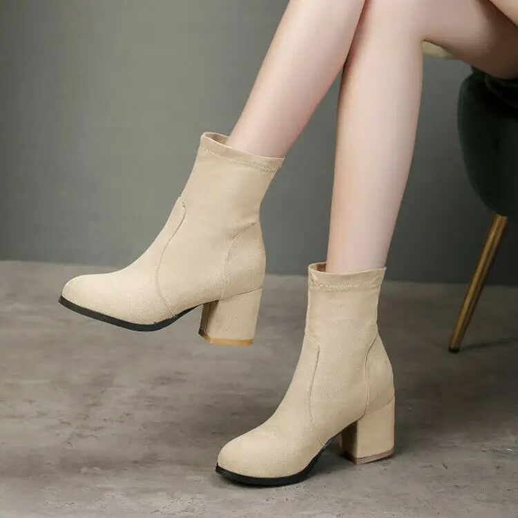 

New Ladies Block Heels Booties Winter Pull On Ankle Boots Casual Shoes Size