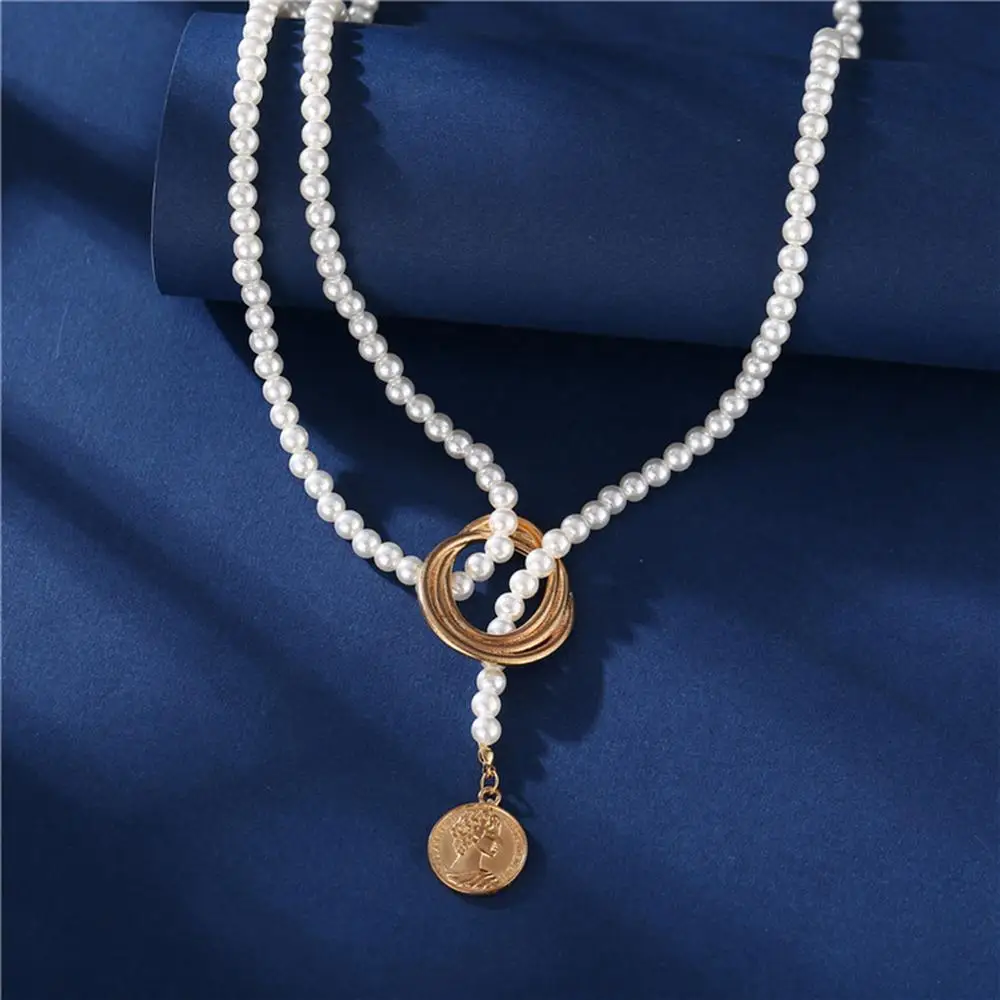 

Fashion Acrylic Y-Shaped Lariat Necklace White Imitation Pearl Round Coin Wild Clavicle Chain Women Wedding Party Jewelry 1 Pce