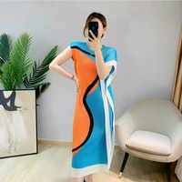 summer dress for women 45 75kg 2021 new simple patchwork round neck stretch loose miyake pleated plus size dress midi casual