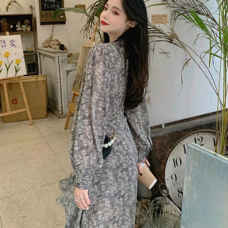 

Women Chiffon Dress Vintage 2020 Spring Autumn Fashion Female Long Sleeve Printed Floral Ruffles Casual Dresses A-line Vestidos