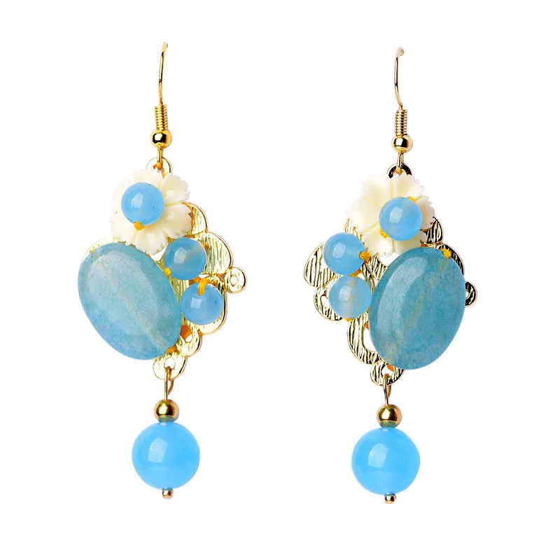 Серьги подвески с нефритовыми цветами халцедон синий агатовый амулет модные