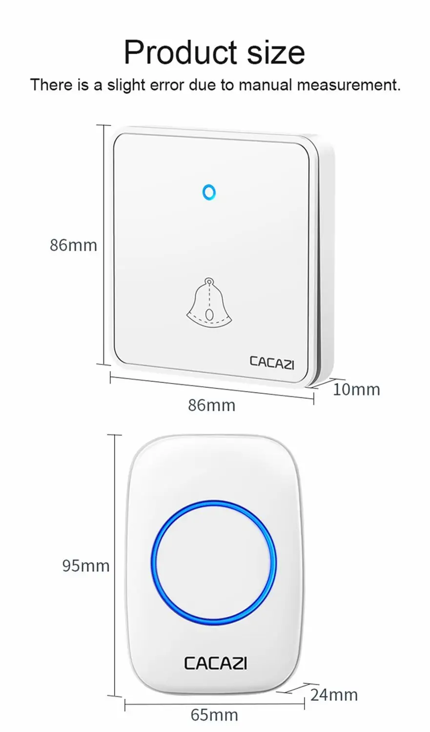 

CACAZI Home Wireless Doorbell Waterproof 300M Remote Night Light Receiver 2032 Battery Transmitter US EU UK Plug Smart House Cal