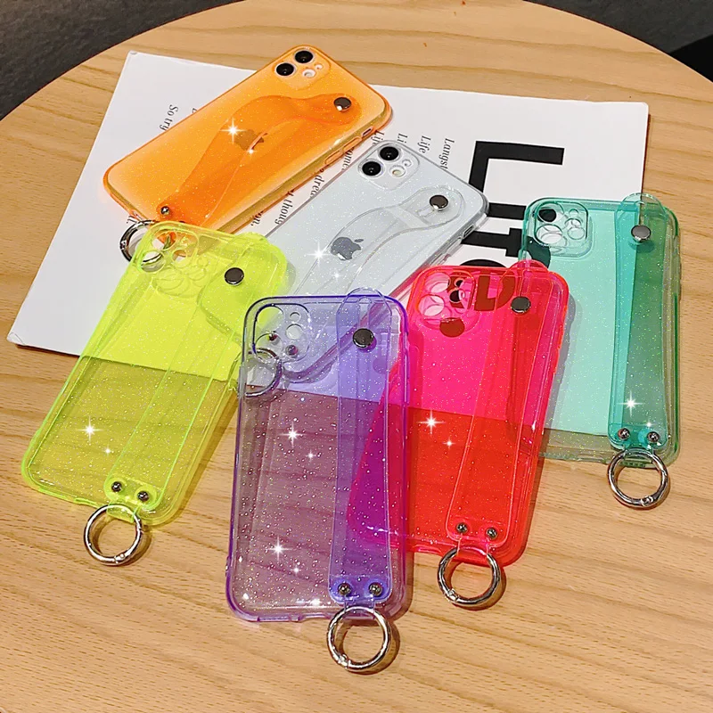 

Wrist Strap Shining Gliiter Case For iPhone 12 11 Pro Max XR XS Max X 11 7 8 Plus 11Pro Holder Transparent Stand Phone Cover