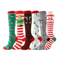 new 6pcs compression socks knee highlong christmas cap tree deer striped printed polyester nylon hosiery footwear accessories