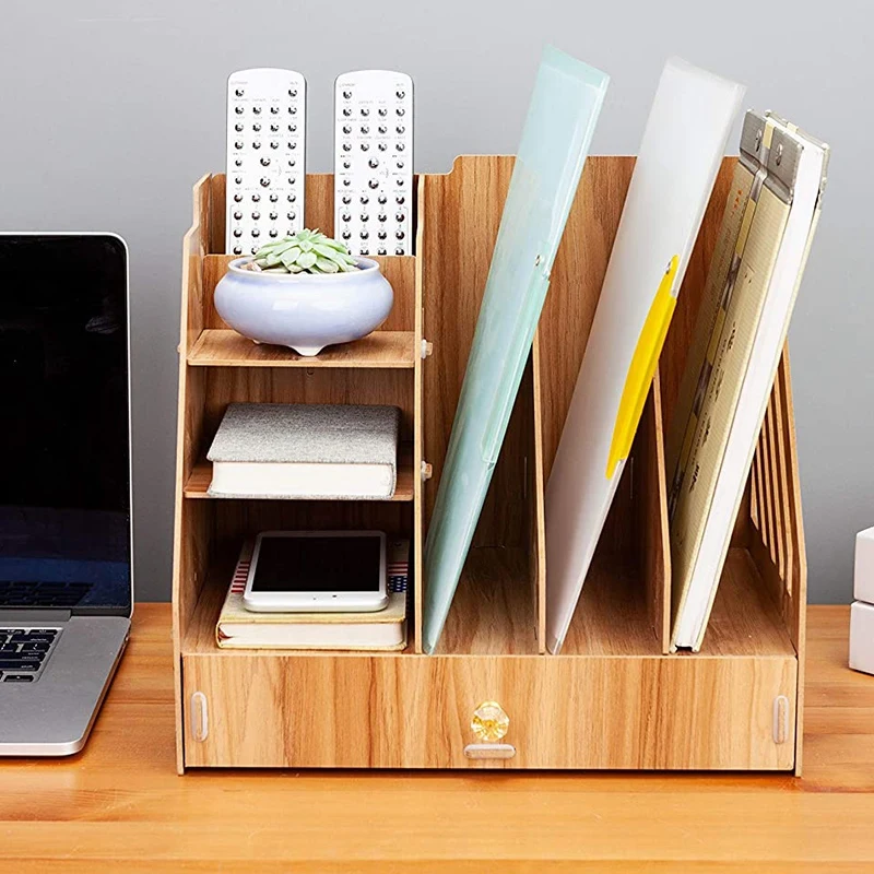 

New Wooden Multi-Functional Desk Organizer azine Holders Document Office Home Rack Display