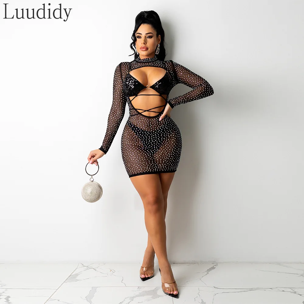 

Women Shiny Studded Sheer Mesh Cutout Bodycon Dress