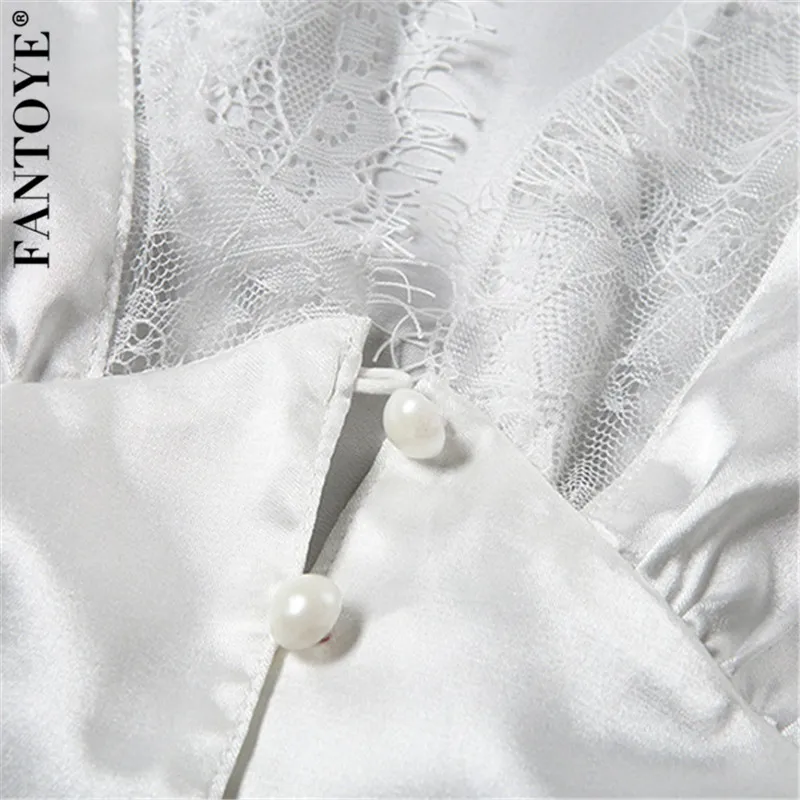 FANTOYE Sexy Deep V-Neck Lace Puff Sleeve Tops Blouses Women Vintage Long Sleeve Slim Blouse Shirts Female Chiffon Shirts Blousa