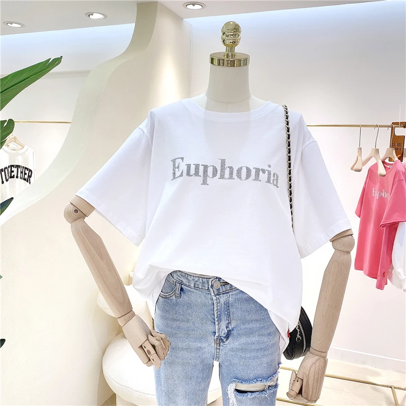 

2021 Spring and Summer New Simple Light Diamond Letters Loose Short Sleeve Bottoming Shirt T-shirt Women's Inner Fashion