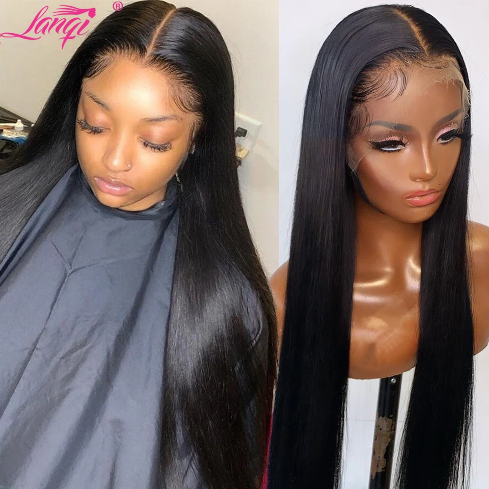 Lanqi прямые человеческие волосы парики 4x4 кружева закрытие парик натуральные