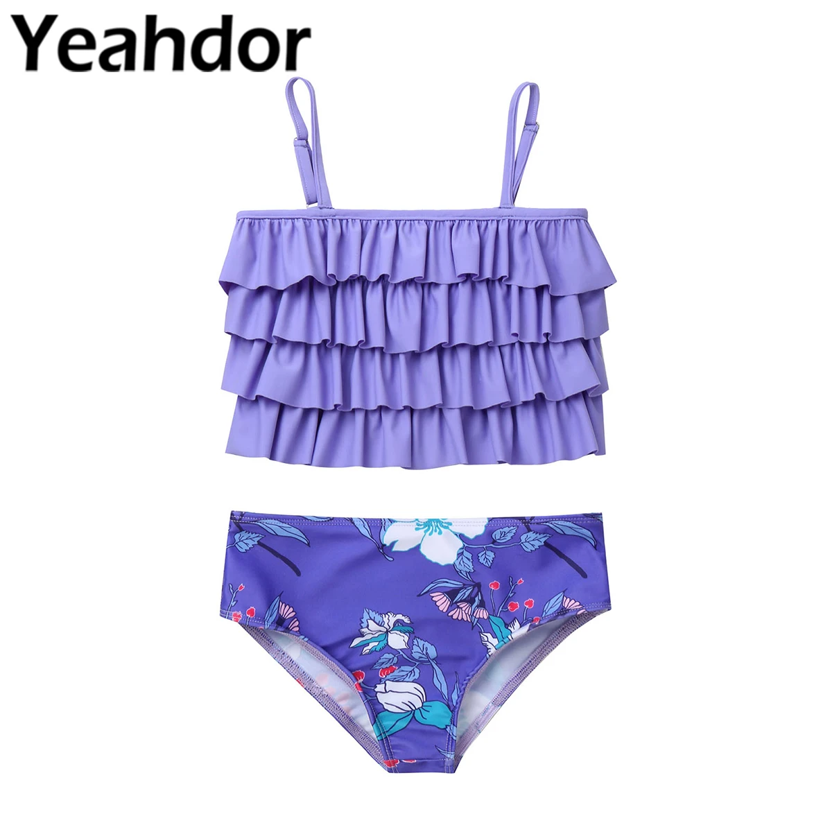 

Kids Girls Floral Print Swimsuits Beachwear Adjustable Spaghetti Straps Layer Ruffle Hem Tops and Bottoms Set Bathing Suit