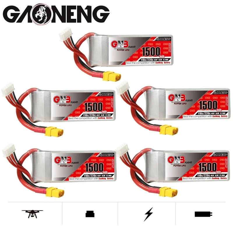 

5PCS GNB 4S 14.8V Lipo Battery 1500mAh XT60U-F Plug 110C/220C For Vortex LRC Freestyle V1 RC Boat Heli Airplane UAV Drone FPV