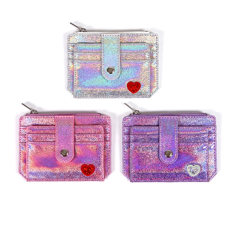 

Laser PU Leather Card Holder Pocket Business Credit Case Women's Love Embroidery Zipper Buckle Coin Purse Small Wallet Organizer
