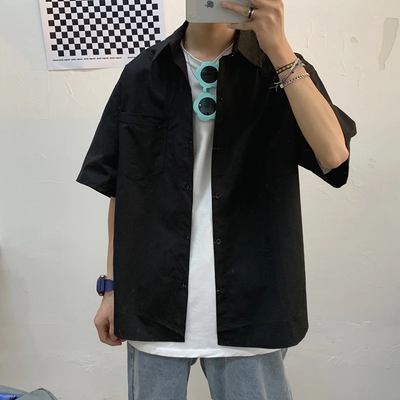 

Shirts Men Solid Simple Normcore Harajuku DK Fashion Male Top Half Sleeve All-match Basic Hip Hop Chic Preppy Turn Down Collar