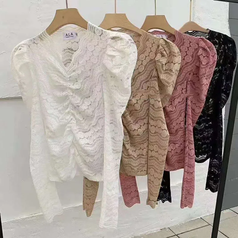 

Bubble Sleeves Lace Top Women Spring Temperament Thin V-neck Hollow Out Hook Flower Long Sleeve Bottom Shirt Lace Blouise 13766