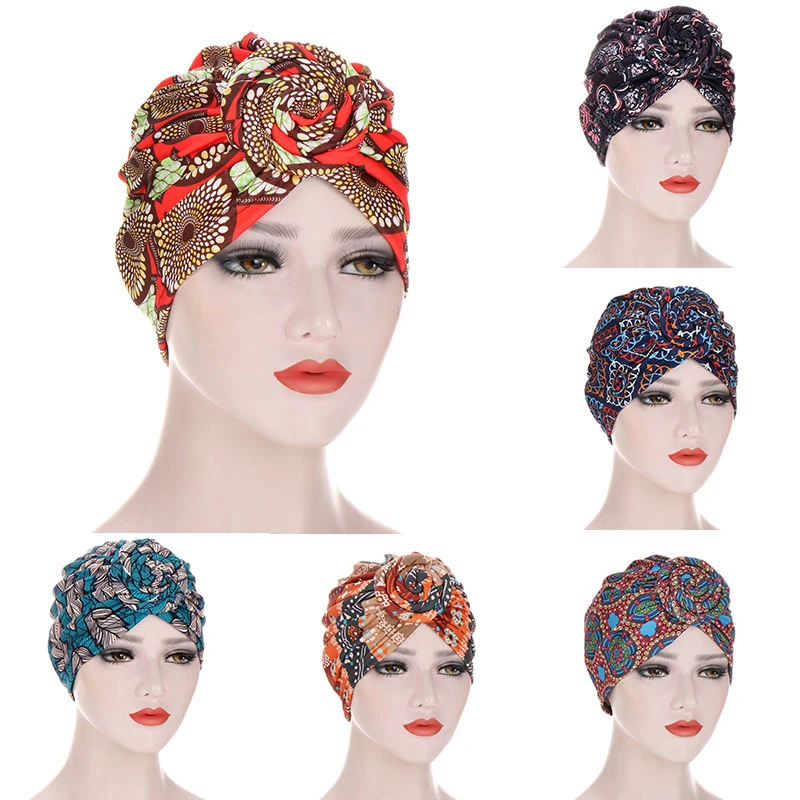 

New Muslim Turban Hat African Twist Knot Flower India Hat Head Cover Bonnet Headscarf Ladies Chemo Cap Bandanas Hair Accessories