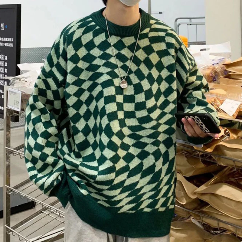 Свитер мужской вязаный Асимметричный в клетку модный простой пуловер свободного