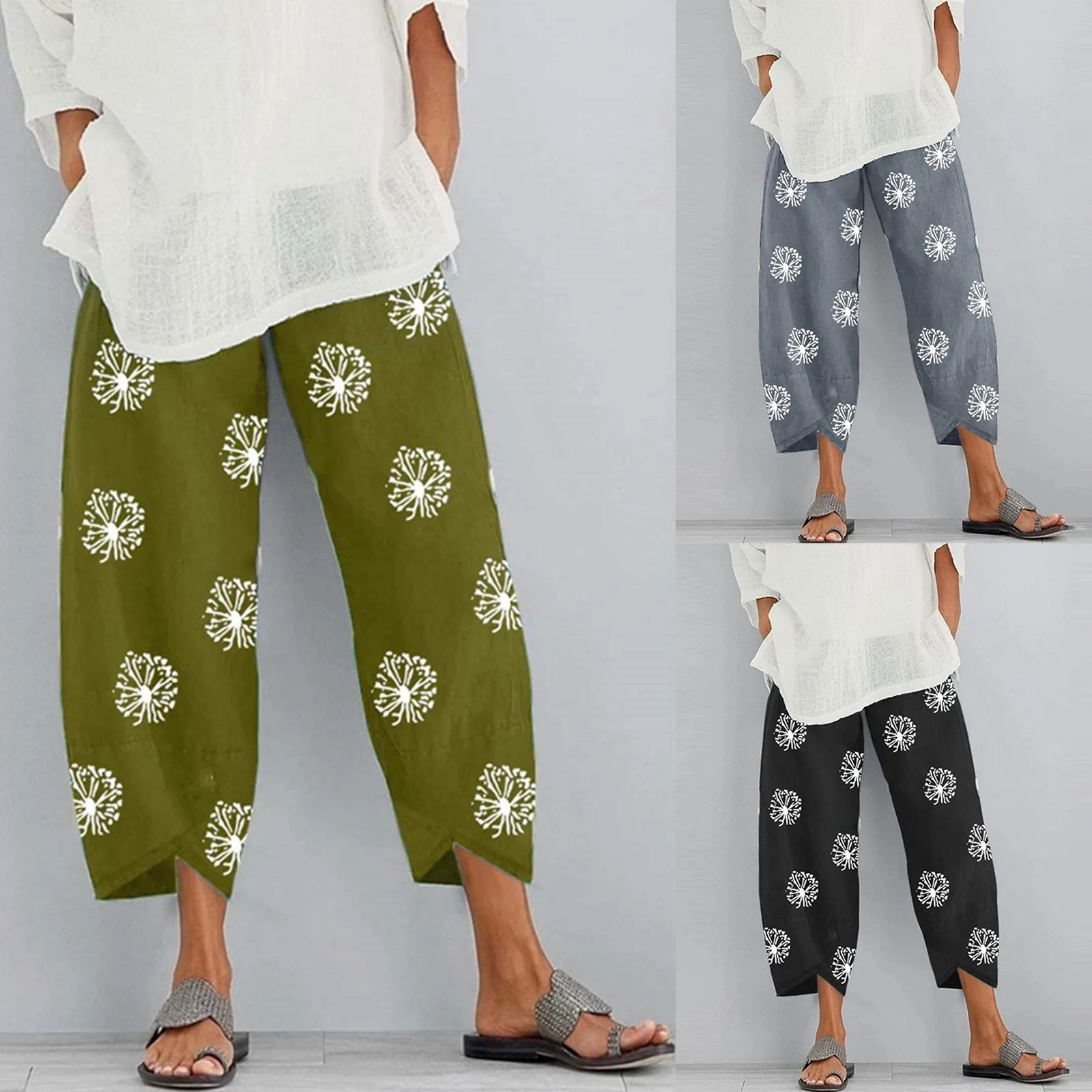 

Loose Harem Pants Women Flower Print Cotton-Linen Pants Wide Leg Elastic Waist Trousers Mid Waist Ankle-Length Pants Female A20