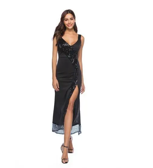 Сексуальное черное платье с глубоким v-образным вырезом и пайетками длинное