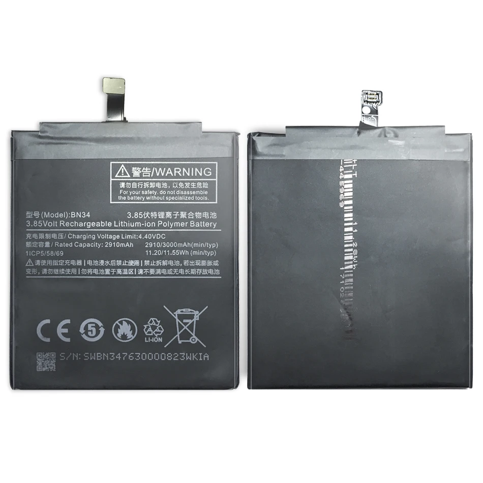 BN34 3000mAh для Xiaomi Redmi 5A перезаряжаемый мобильный телефон Литий-полимерный аккумулятор