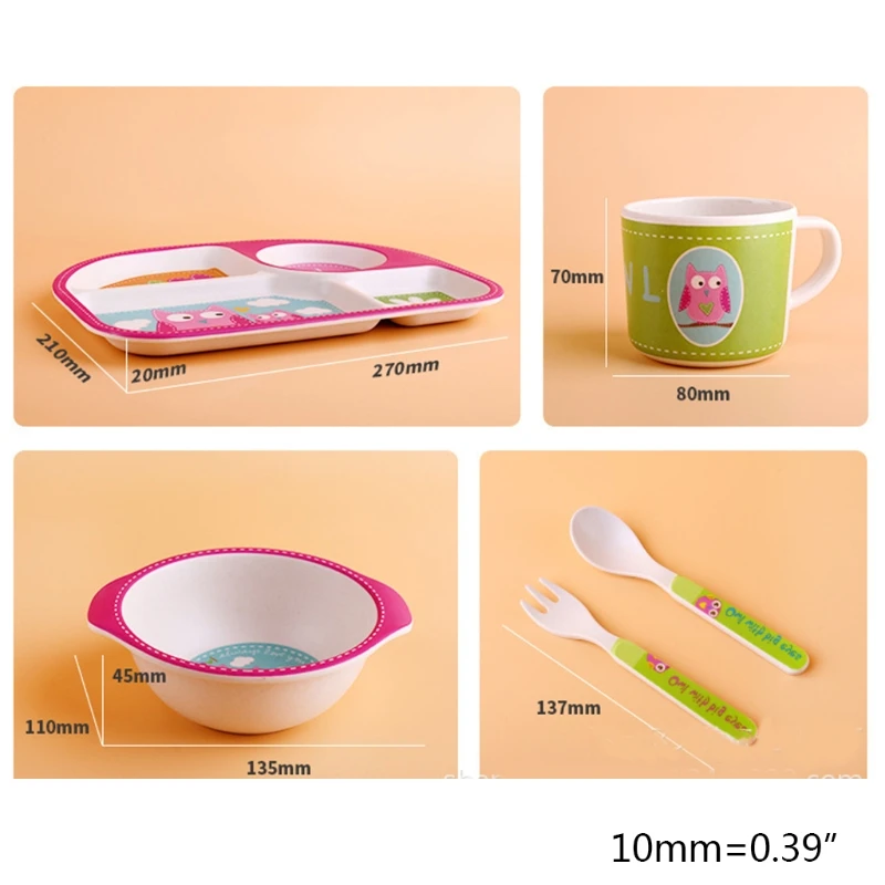 

5 Pcs Bamboo Fiber Kids Tableware Set Sections Dinner Plate+Bowl+Spoon+Fork+Water Cup Kit G2AE