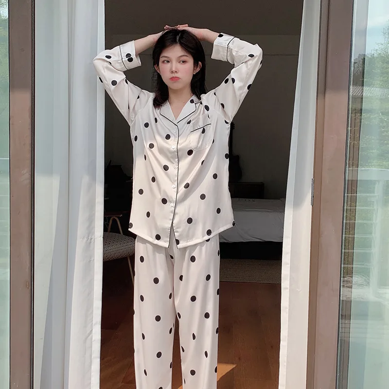 

Women Silk Pajamas Sets Autumn New Polka Dot Homewear Satin Loungewear Female Nightwear Casual Sleepwear Home Clothing Pyjama