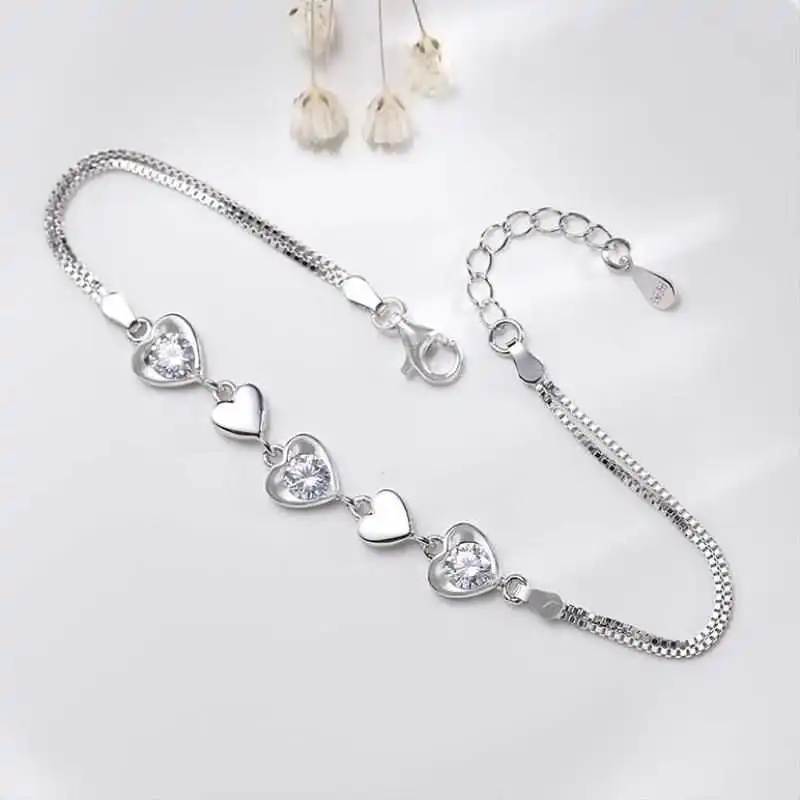 

MIQIAO Heart Shaped 925 Sterling Silver Bracelet For Women Girls 16CM Jewelry 2020 Double Box Chain Adjustable Engagement Gift