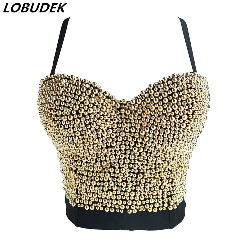 

Ladies Pearls Rhinestones Cropped Tops Rave Festival Club Party Bustier Push Up Corset Nightclub DJ Singer Short Short Bra