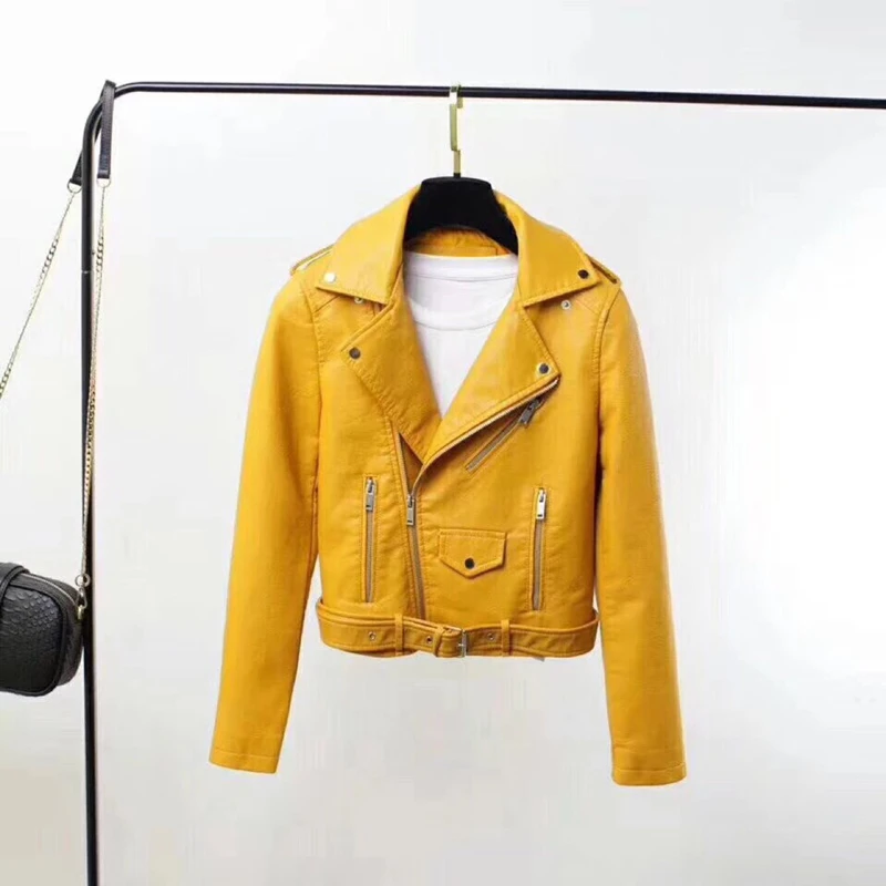 

spring Autumn women high quality PU Leather Jacket New Casual Motorcycle yellow Sexy Slim Zipper Office Female Short Jackets top