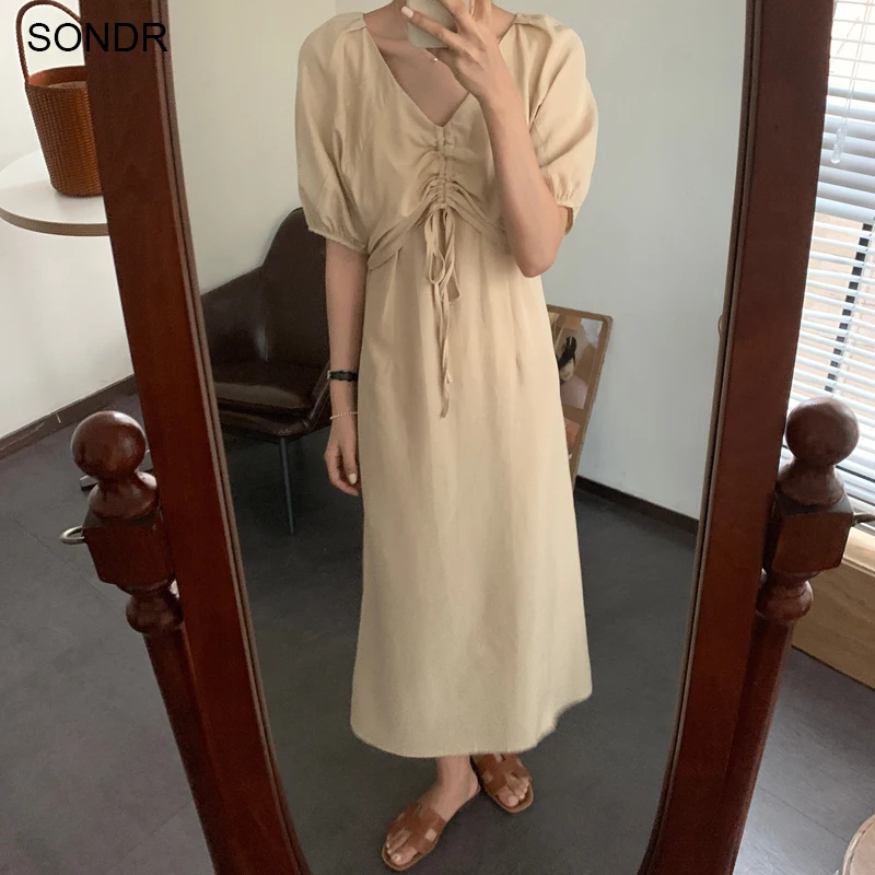 

Korean One Piece Solid Color Dress Women Summer Drawstring Folds V Neck High Waist Dress Elegant Puff Sleeve Zipper Midi Dresses