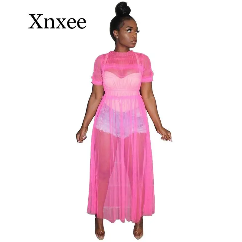 

See Through Mesh Sexy Maxi Dress Women Clothes Neon Dress beach Party Club Wear Long Dresses Sun protection boho