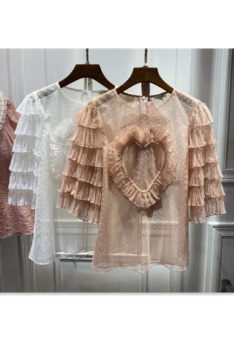 

Europe Station 2021 Summer New Women's Pleated Heart Multi Layer Sleeve Semi Transparent Organza Top