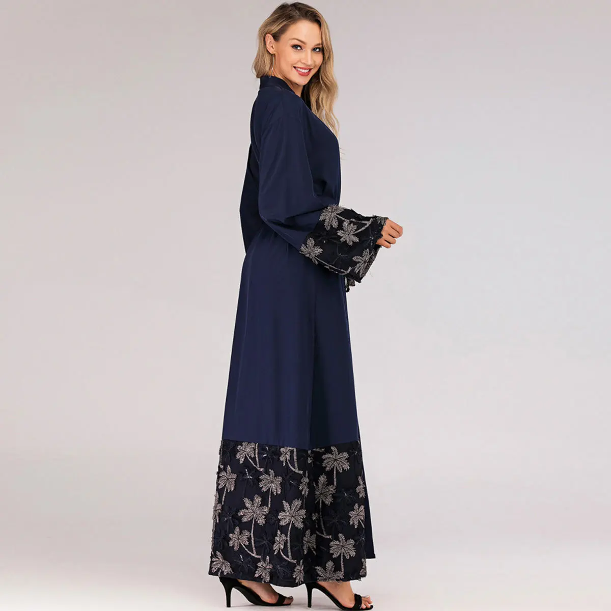 Women's Fashion Loose Muslim National Style Robe Mesh Stitching Embroidery Cardigan Blue | Тематическая одежда и