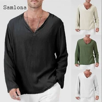samlona long sleeve shirt linen tops sexy men clothing 2021 summer v neck tees casual pullovers plus size 4xl mens loose t shirt