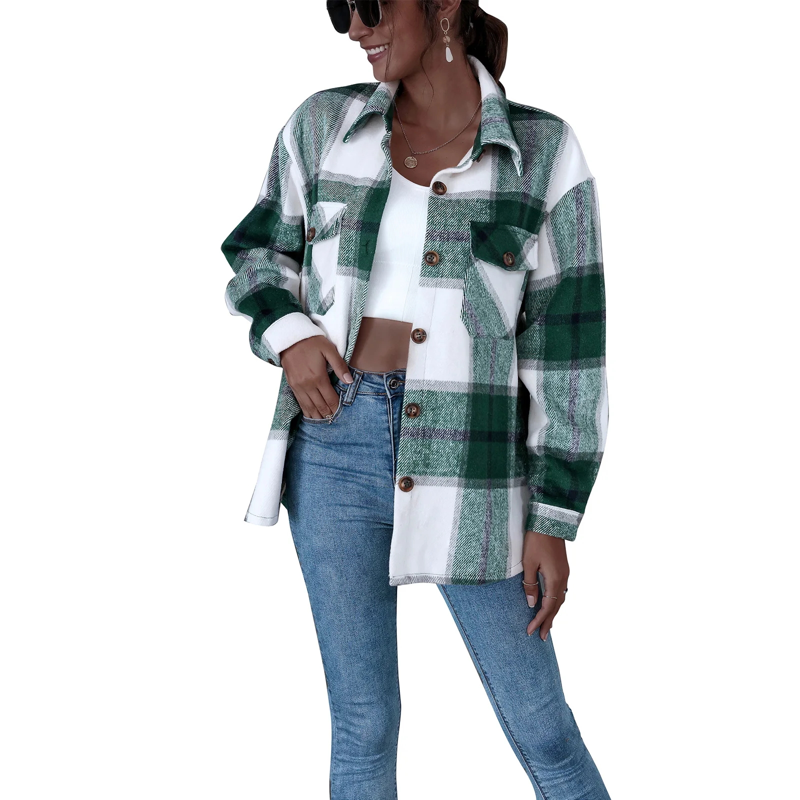 

Женская винтажная клетчатая куртка оверсайз с карманами и воротником с лацканами, свободная верхняя одежда с длинным рукавом, шикарные топ...
