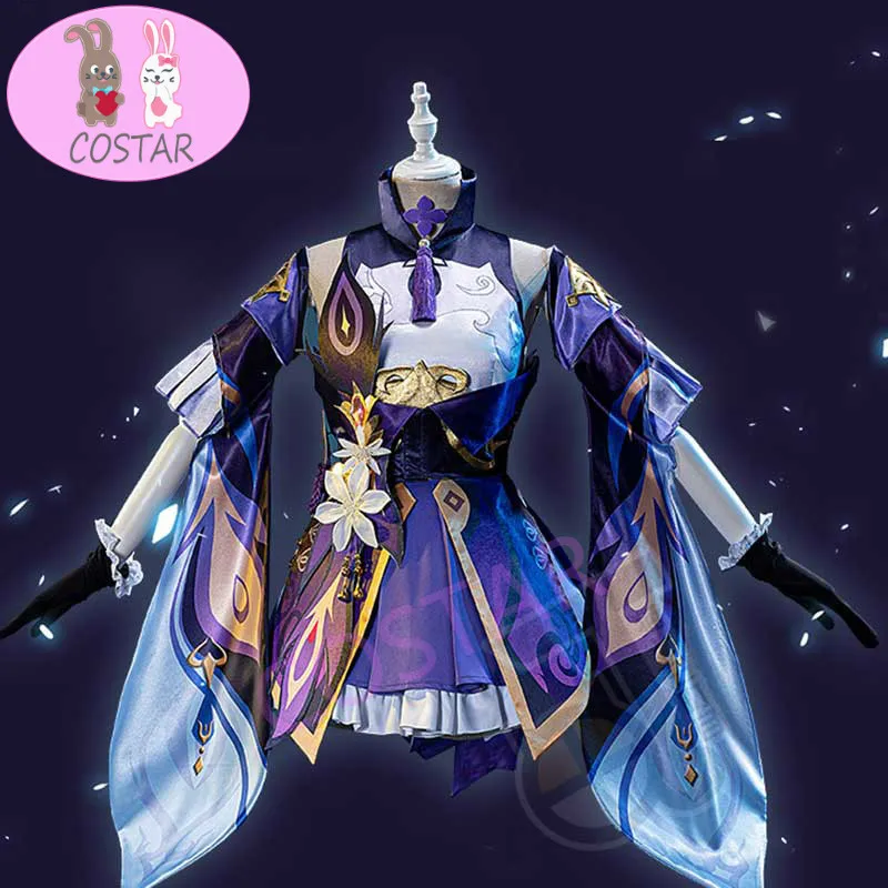 

Anime Genshin Impact Keqing Game Suit Purple Lovely Dress Gorgeous Uniform Cosplay Costume Halloween Outfit For Women New 2020