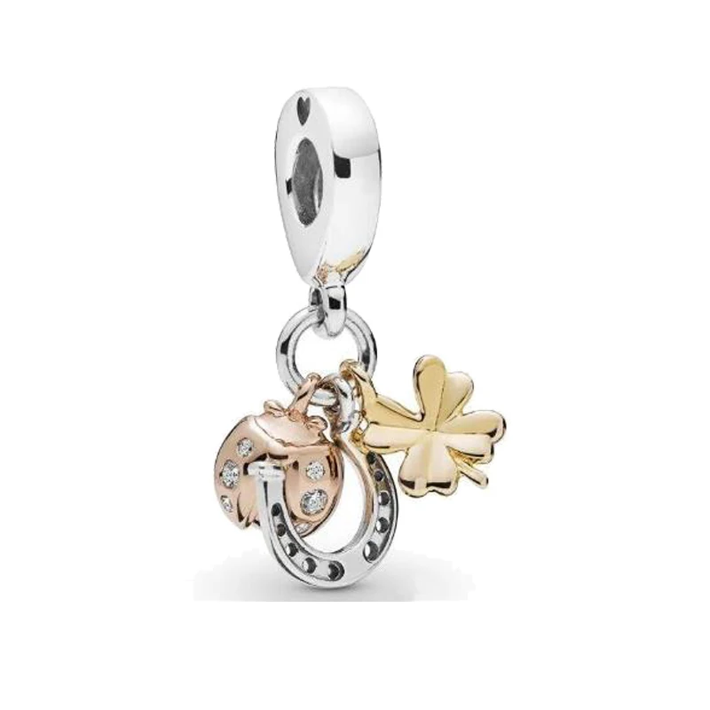 Настоящее 925 пробы серебряный шарм блеск и серебро подковы клевер Божья коровка