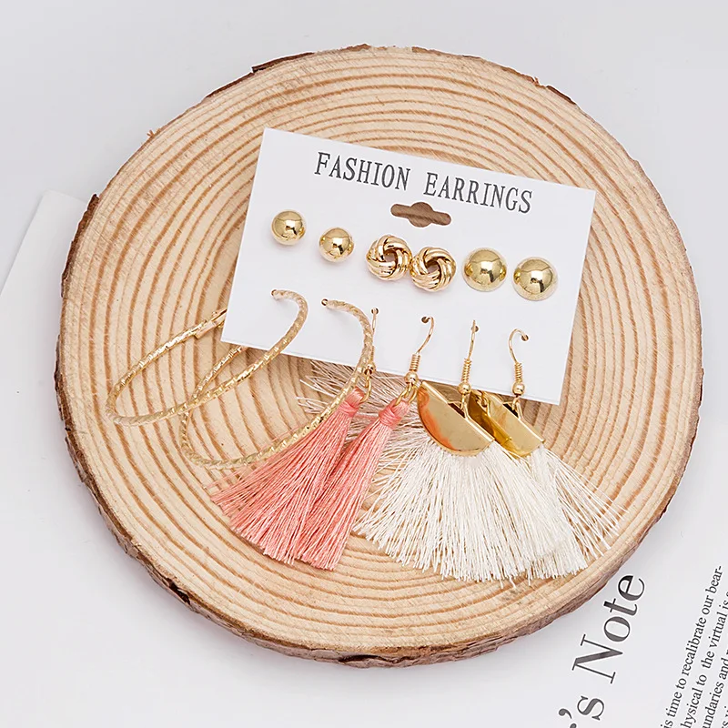 

Best Selling Earrings Bohemian Set Fan-Shaped Tassel Metal Circle Ring Clip Stud