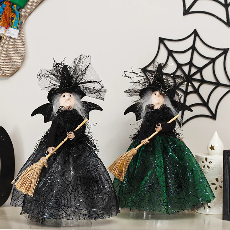 Falda de encaje de bruja para Halloween, adornos colgantes de árbol, escoba de murciélago, muñeca verde y negra, regalo de Navidad y Año Nuevo, 2022