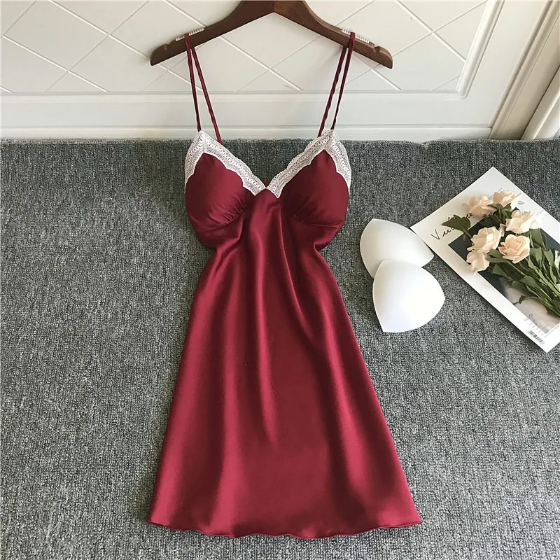 

Sexy Lace Women Nightgown Summer Satin Nightdress V-neck Suspender Skirt Sleepwear Female Silky Sleep Dress Casual Nightwear