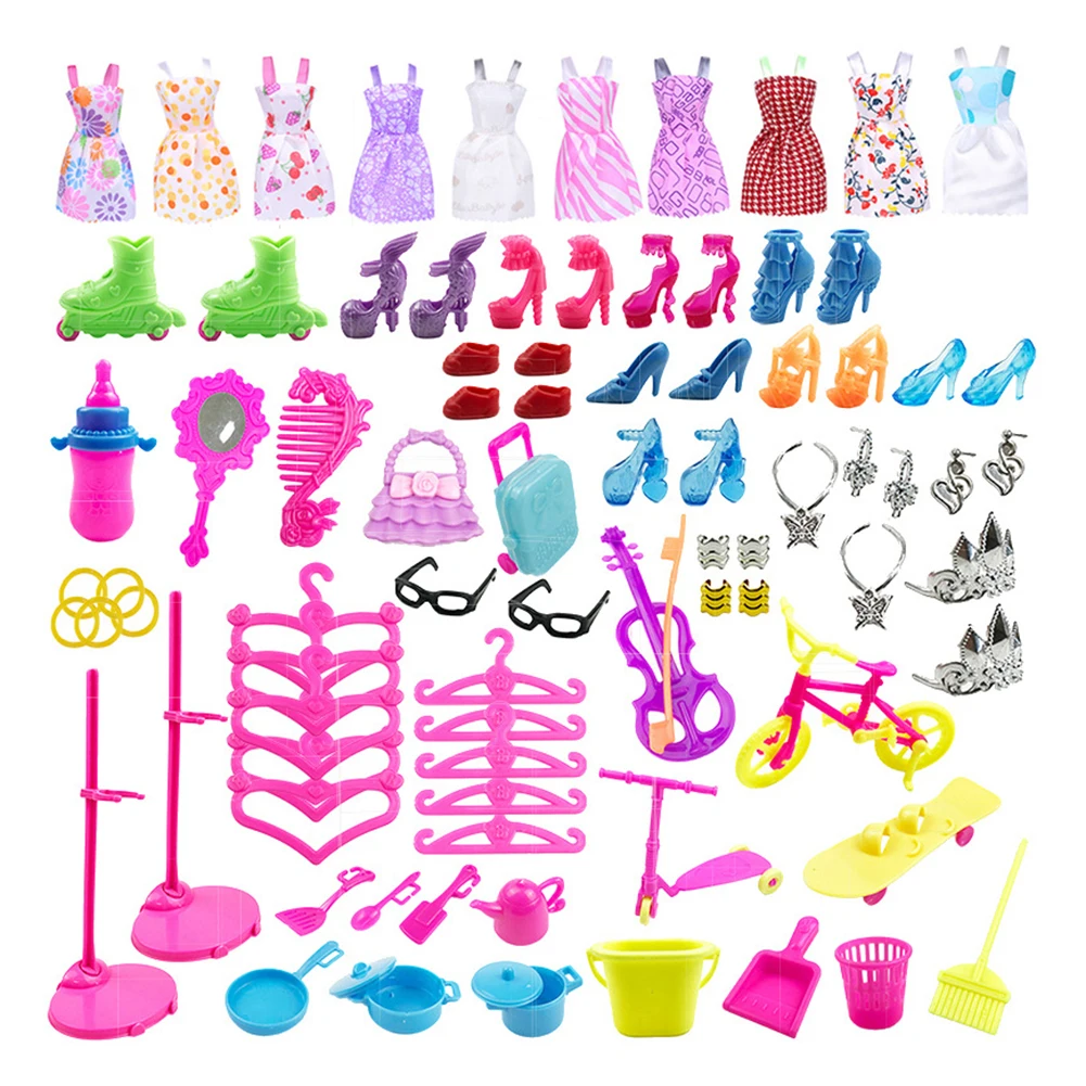 

88pcs Mix Cute Doll Furniture Pretend Play Toy Mini Dress Hangers Shoes RackOutfit Barbie Doll for Dollhouse Accessories Girl