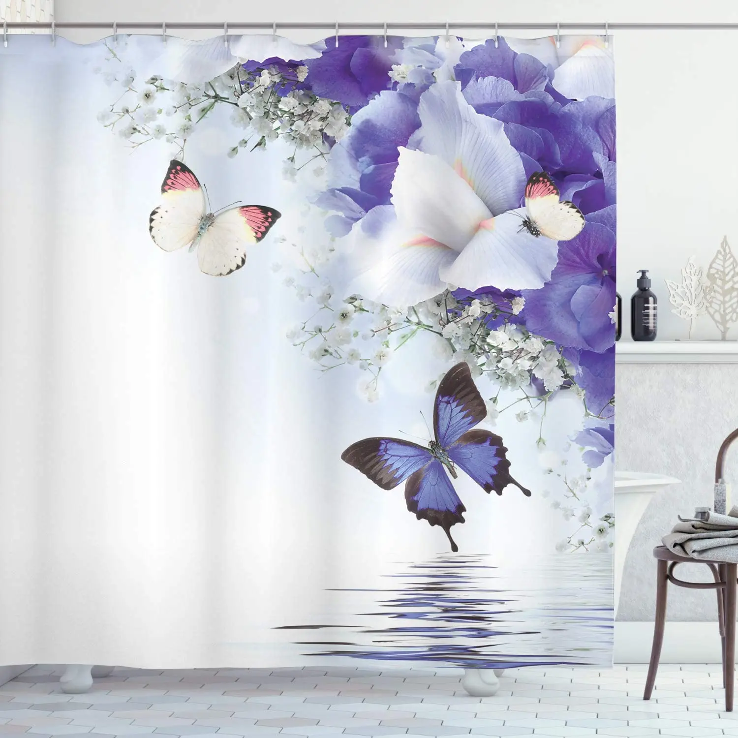 

Dark Lavender Butterfly Shower Curtain Butterflies Sailing on Sea Major Colorful Iris Flowers Fairytale Inspired