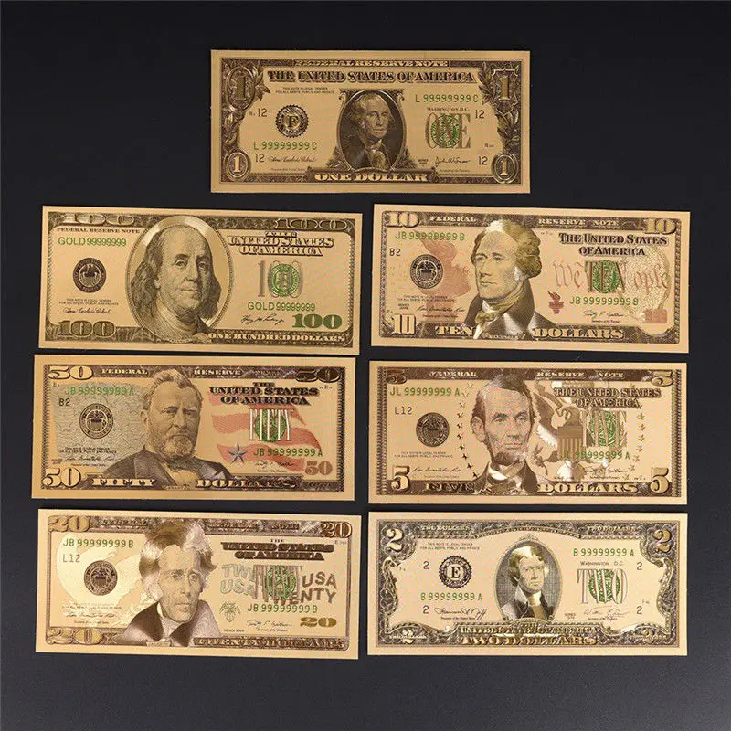 

7Pcs/Lot Gold Plated US Dollar Fake Paper Money Banknotes Crafts For Collection Home Decor
