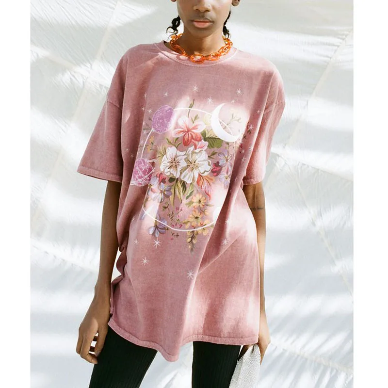 

Ladies pink T-shirt floral print T-shirt casual fashion girl T-shirt loose all-match top