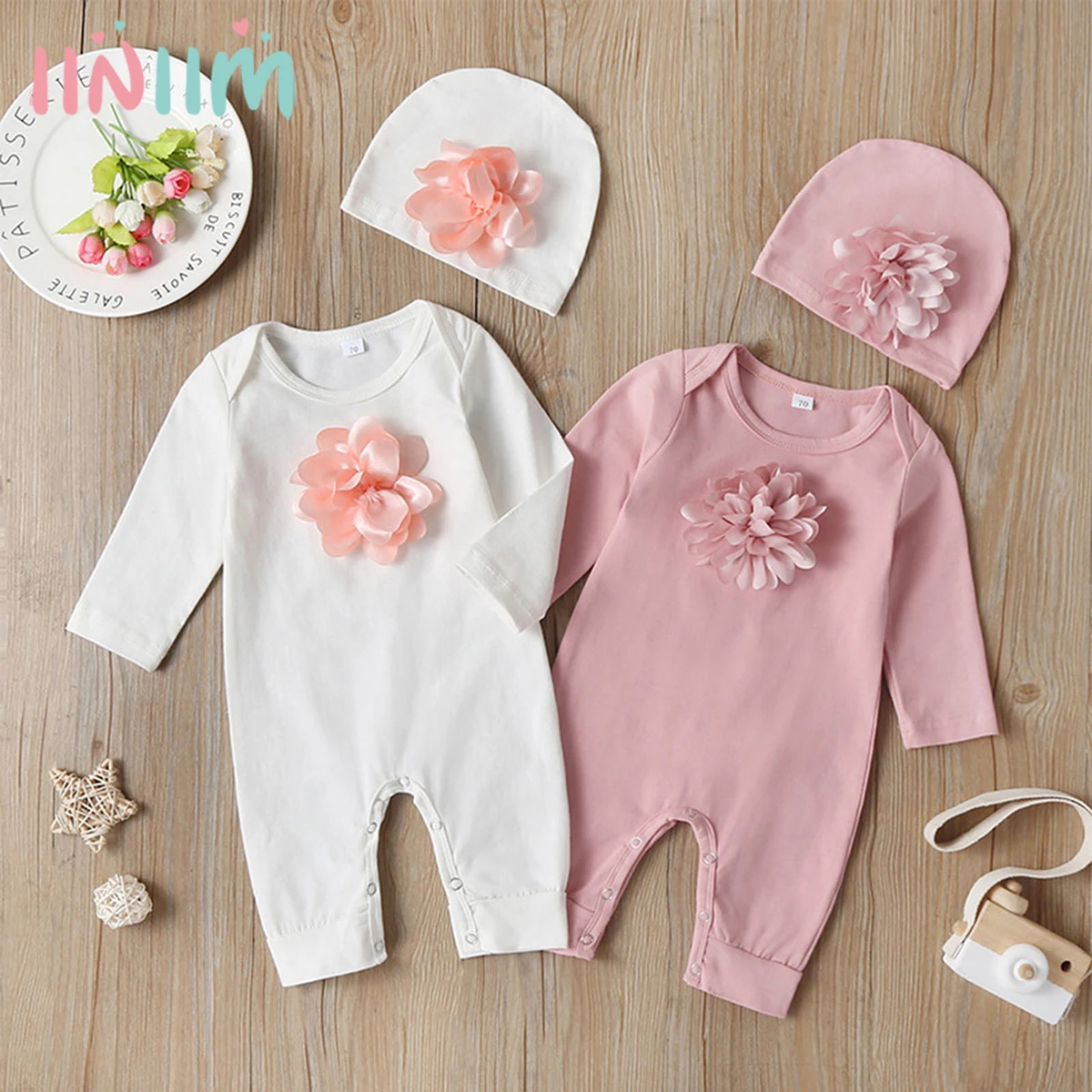 

Spring Infant Rompers Toddler Clothes Girl Outfits Princess 3D Flower Long Sleeve Baby Floral Jumpsuit+Hat Newborn Clothing Sets