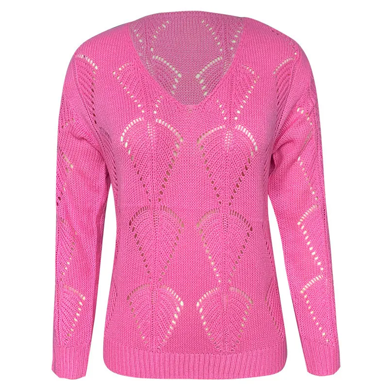 

Knit Crochet Hollow Out V-Neck Women's Sweater Long Sleeve Thin Solid Female Pullovers 2021 New Fashion Casual Ladies Sweaters