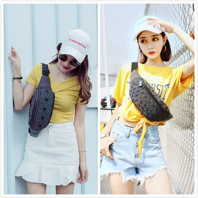 

Fashion Luminous Waist Bags Women Waist Fanny Packs Belt Bag Luxury Leather Chest Bag Geometry Waist Packs Holographic Bum Bag