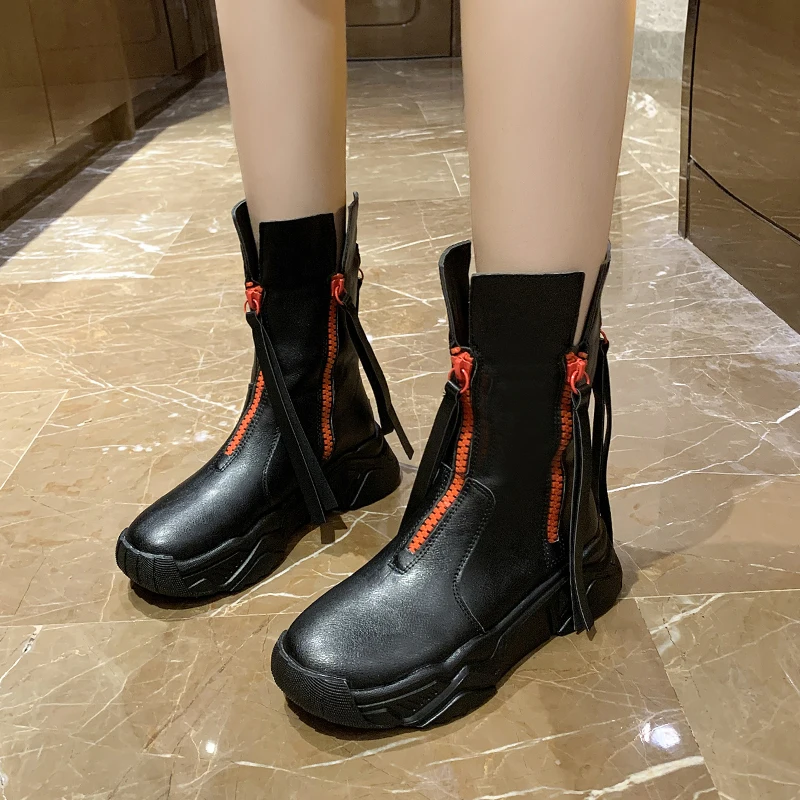 

Women Boots Autumn Winter Warm Plush New Fashion Pu Mid-calf Snow Motorcycle Boot Med Heel 2021 Martin Shoes Black White
