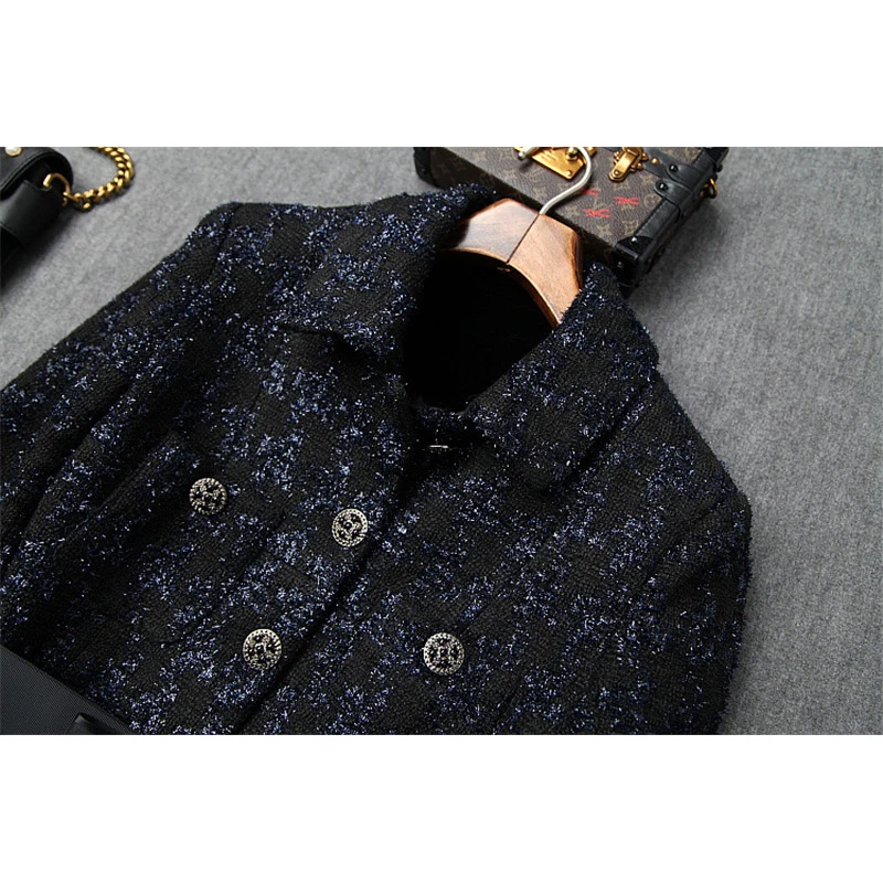 

High Quality Fall Winter Designers Runway Skirt 2piece Set Women Fashion Long Sleeve Tweed Jacket Coat+Long Tulle Skirt Suit