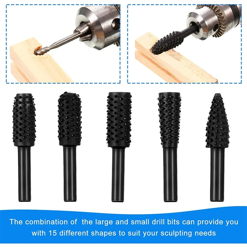 

15 Pcs Woodworking Drill Bits Set Including 5 Pieces Rotary Rasp File Bits and 10 Pcs Wood Carving Rotary Burr Bits