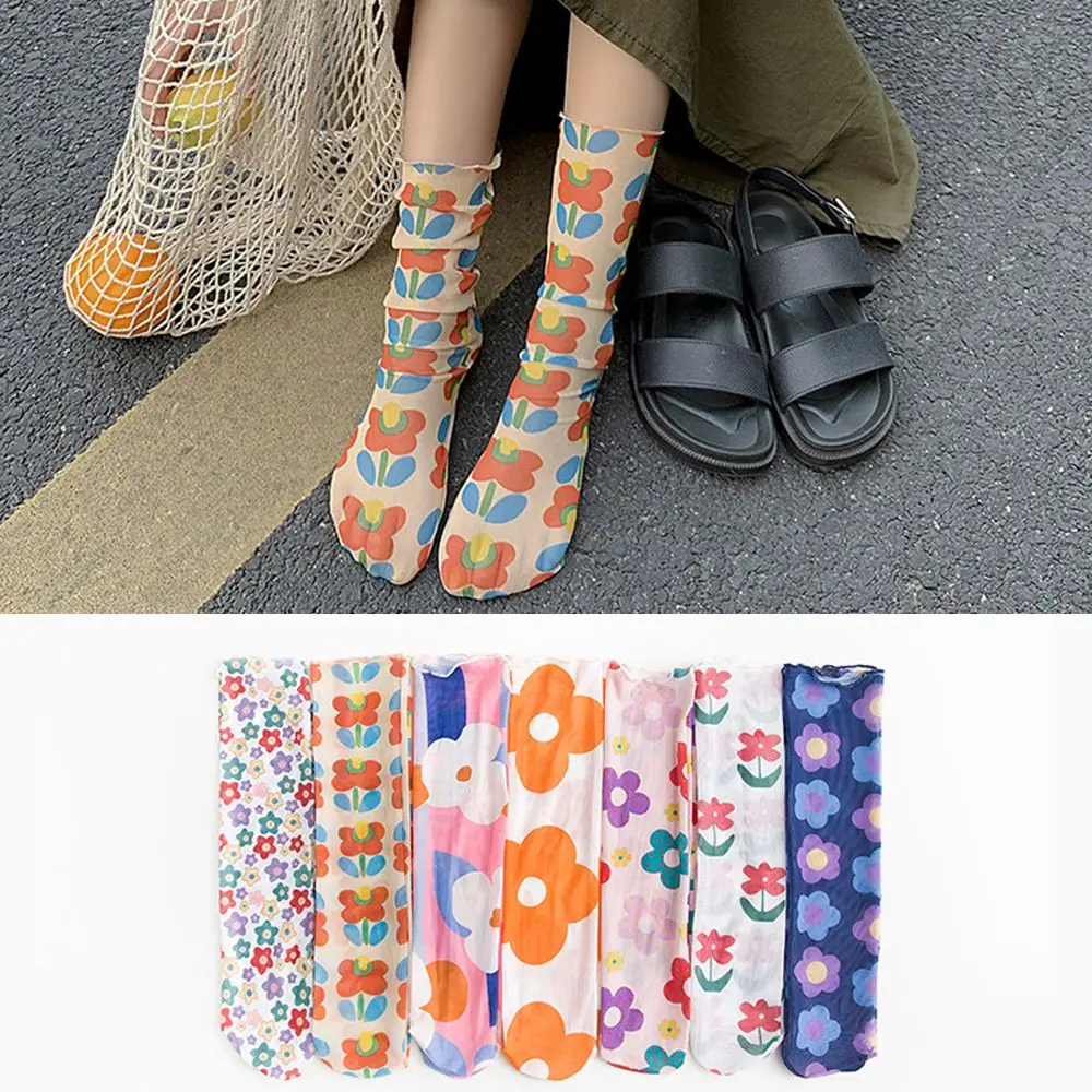 Милые носки из сетчатой пряжи с цветочным принтом для девочек кавайные в